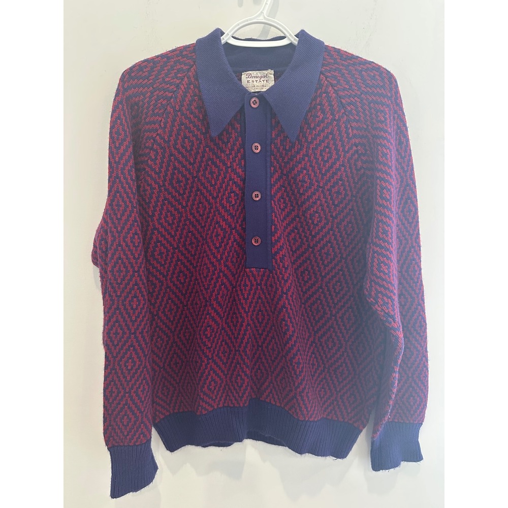 Vintage 70s Donegal Estate Knit Grandpa Sweater Purple Red Diamond Pattern XL